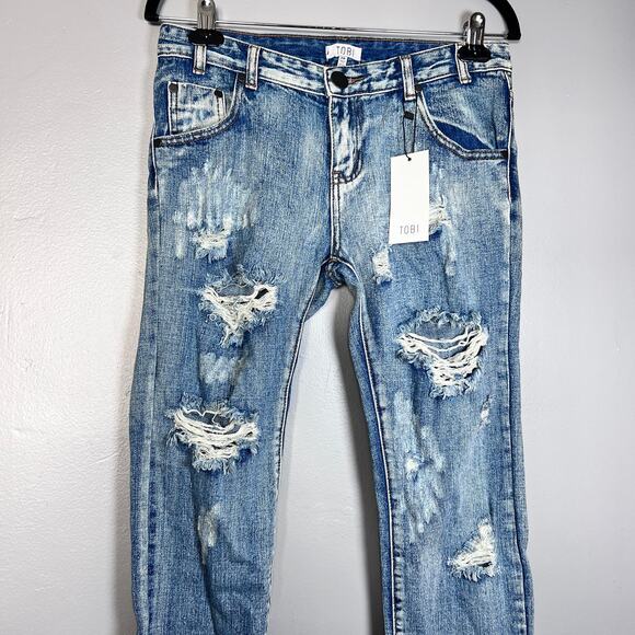 TOBI Women’s Boyfriend Jeans Sz 26 Blue Distressed Ripped Relaxed Fit NWT - Picture 8 of 10